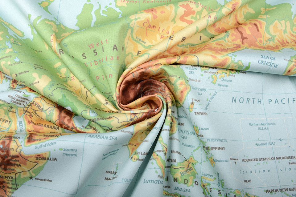 Digital Panel Stretch Cotton World Map Old Green