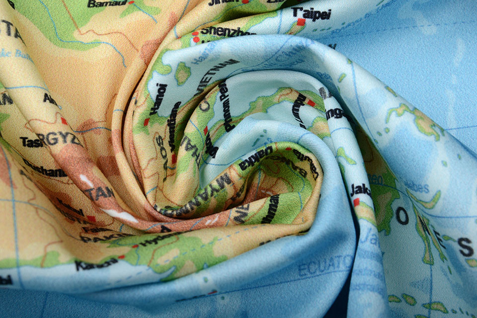 Digital Panel Stretch Cotton World Map Blue