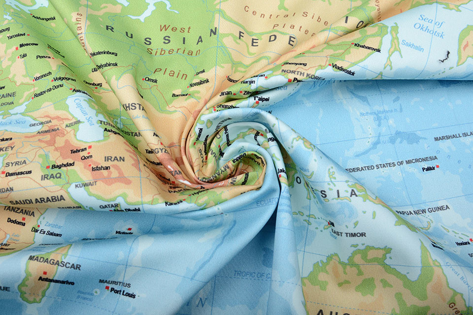 Digital Panel Stretch Cotton World Map Blue