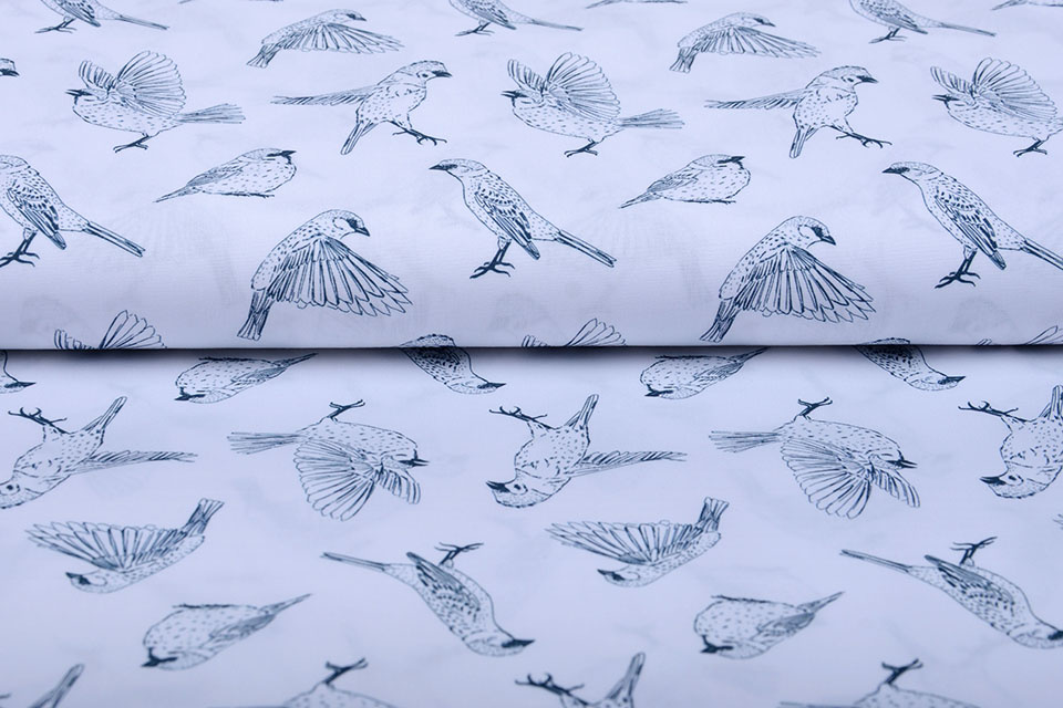 100% Digital Cotton Sparrows White Navy