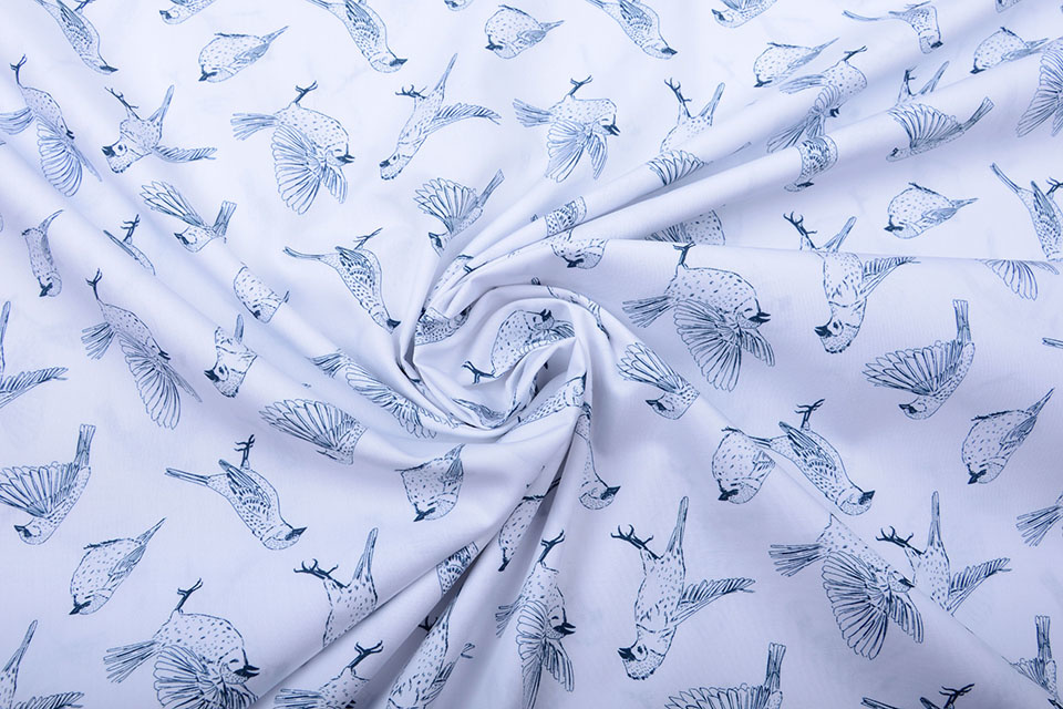 100% Digital Cotton Sparrows White Navy