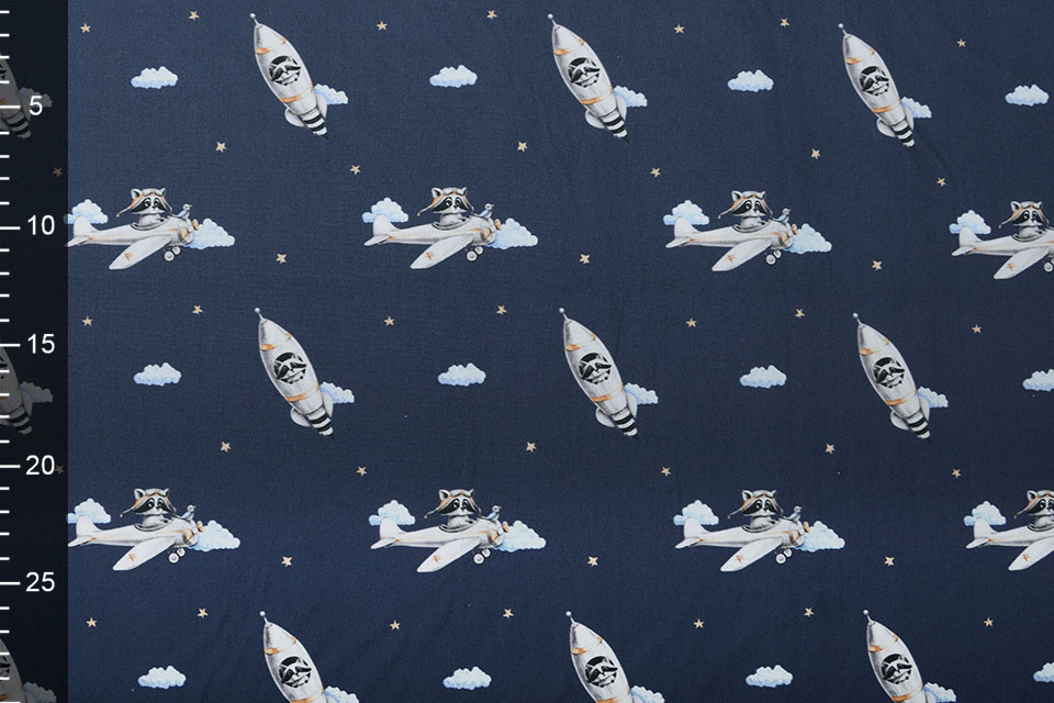 100% Digital Cotton Airplane Rocket Watercolor Navy