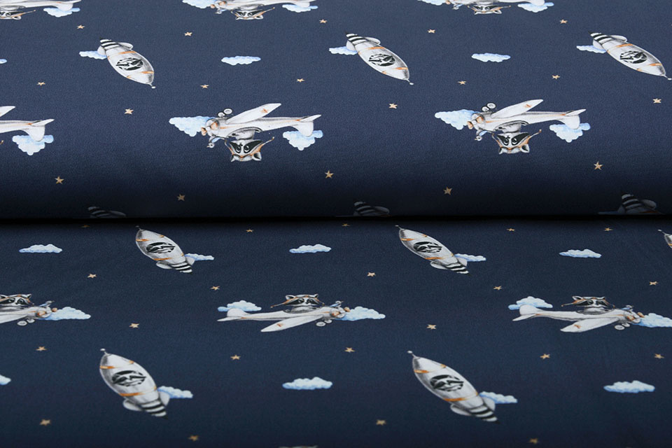 100% Digital Cotton Airplane Rocket Watercolor Navy