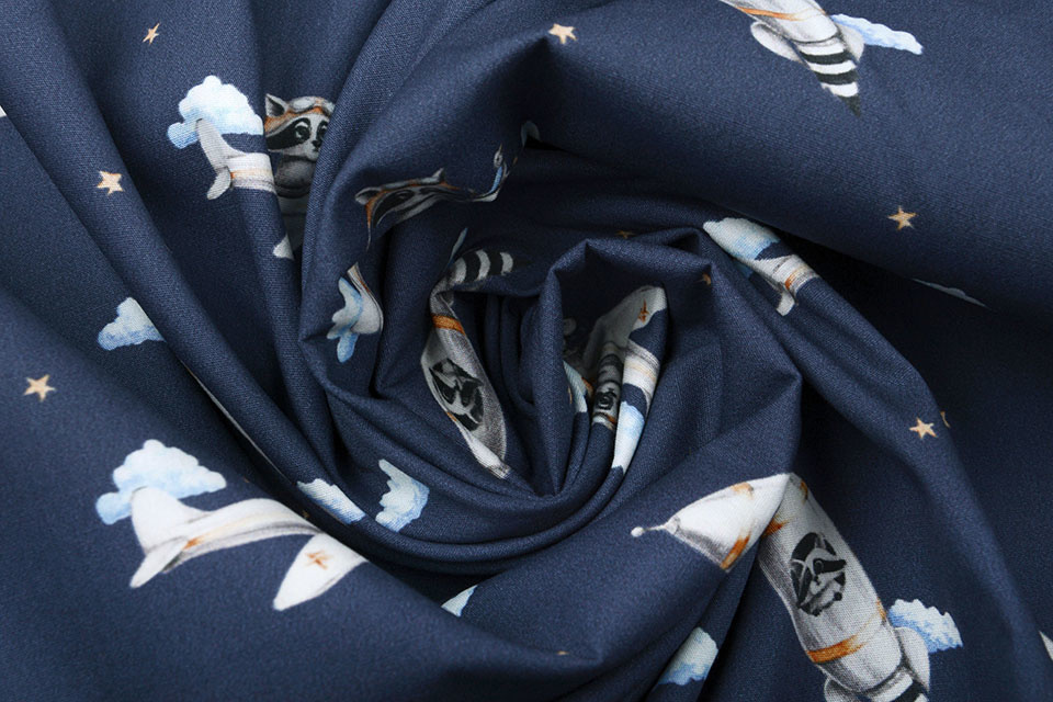 100% Digital Cotton Airplane Rocket Watercolor Navy