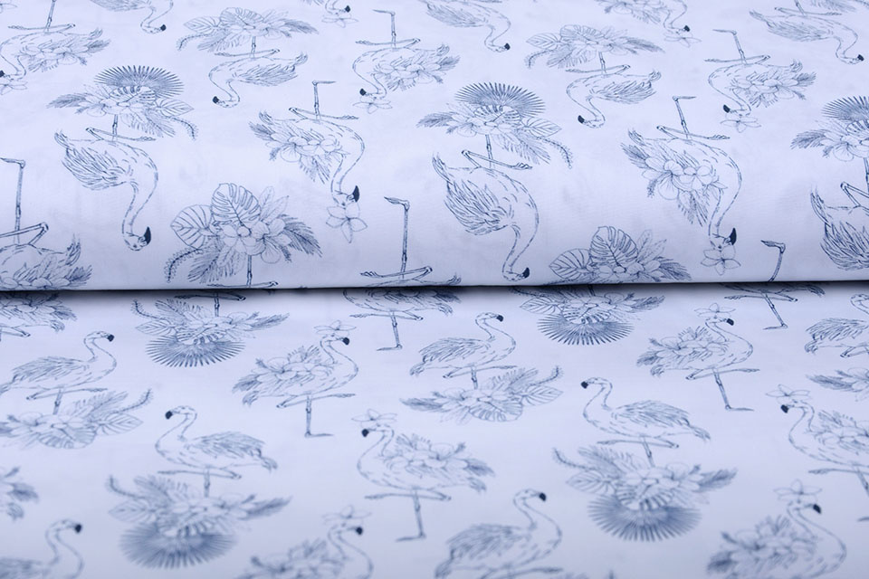 100% Digital Cotton Tropical Flamingo White Navy
