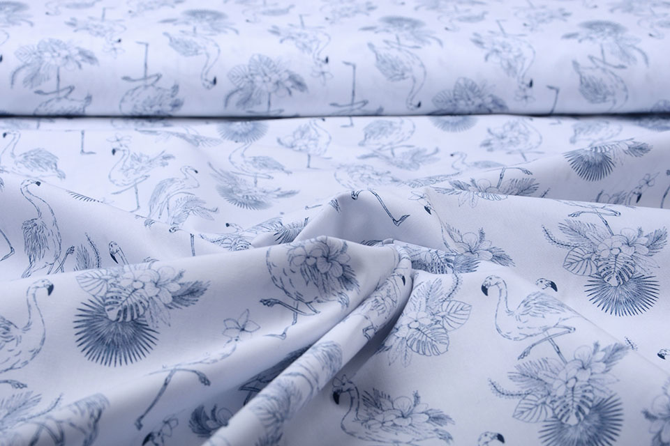 100% Digital Cotton Tropical Flamingo White Navy