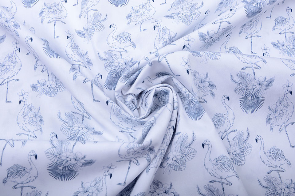 100% Digital Cotton Tropical Flamingo White Navy