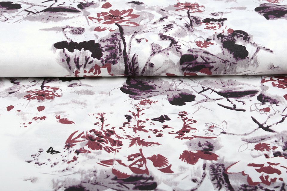 Linnenlook Bedrukt Bloemen Bordeaux Lila