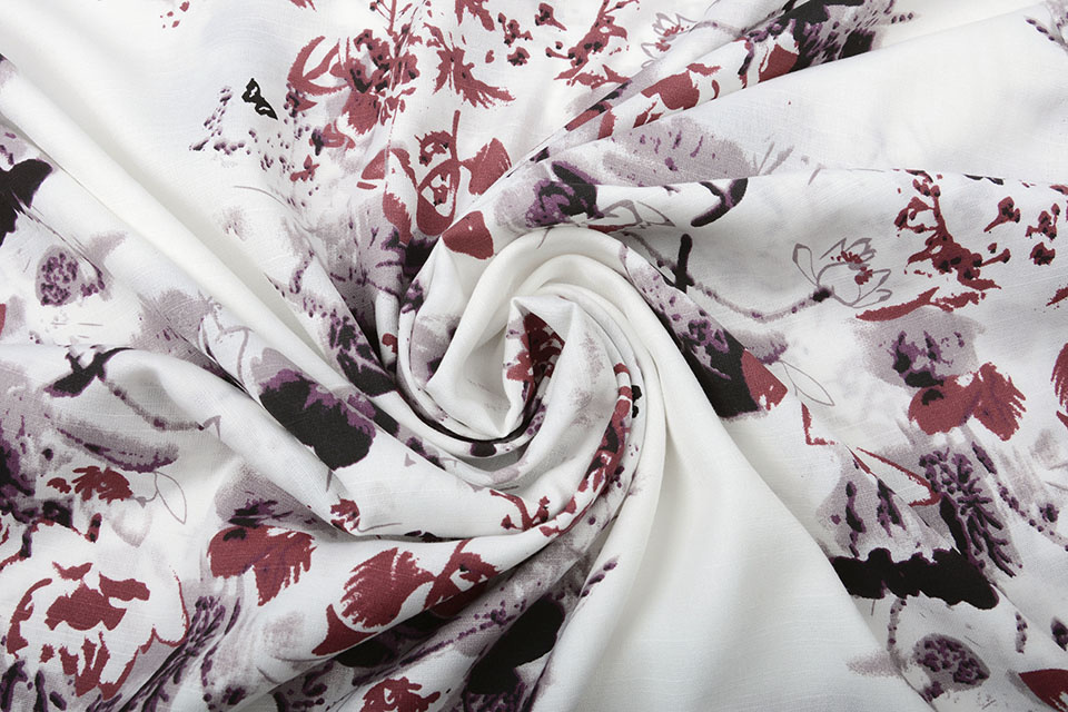 Linnenlook Bedrukt Bloemen Bordeaux Lila