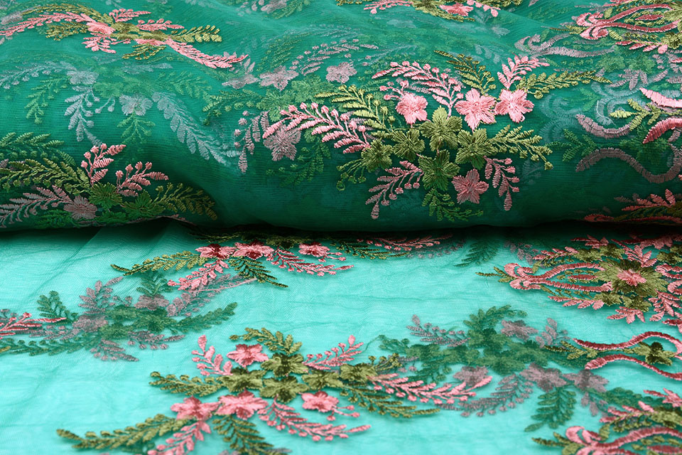 Mesh Embroidered Oliva Green Pink