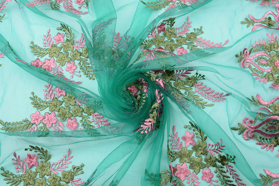 Mesh Embroidered Oliva Green Pink