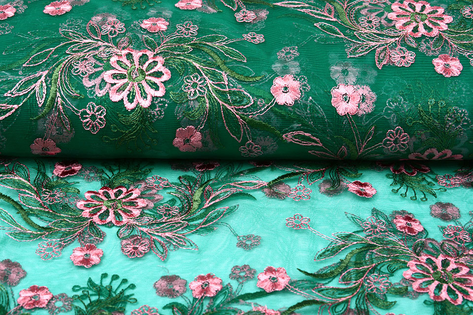 Mesh Geborduurd Fjura Groen Roze