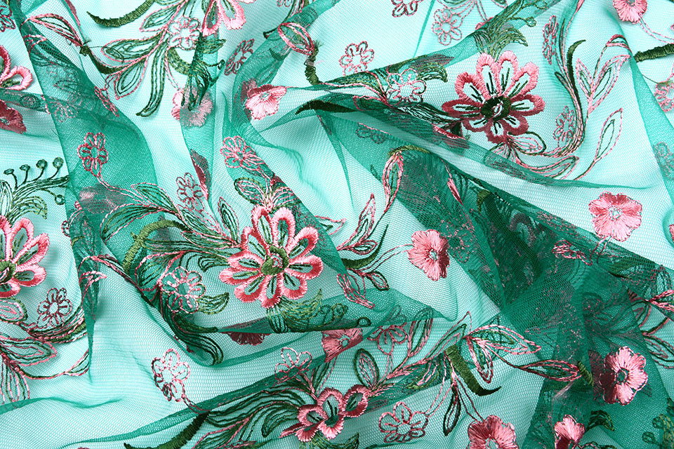 Mesh Geborduurd Fjura Groen Roze