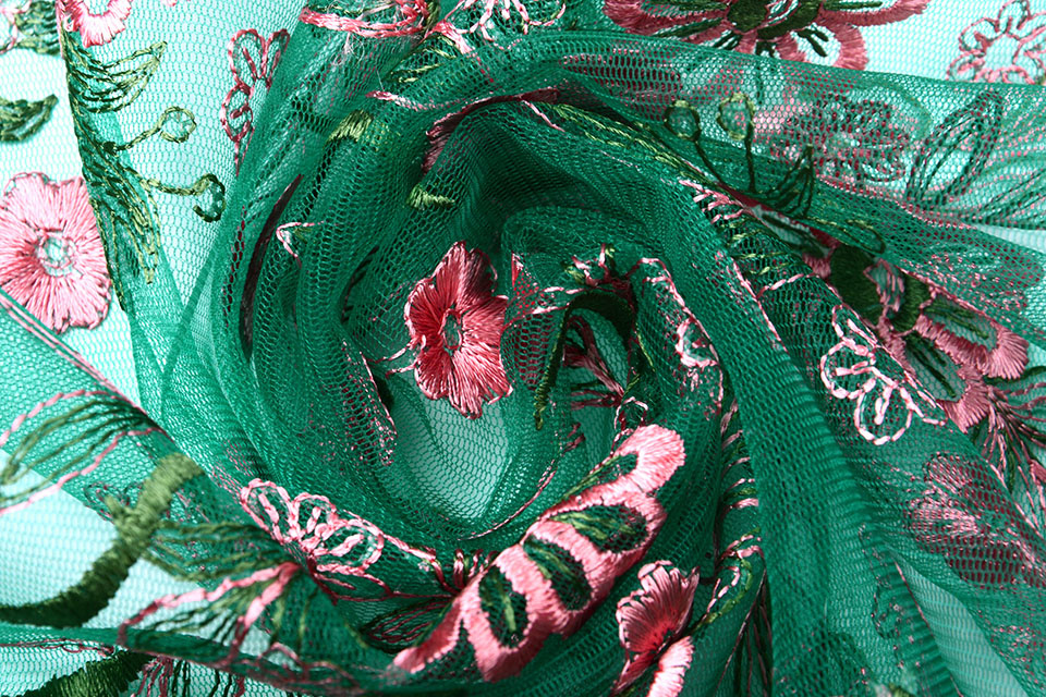 Mesh Geborduurd Fjura Groen Roze