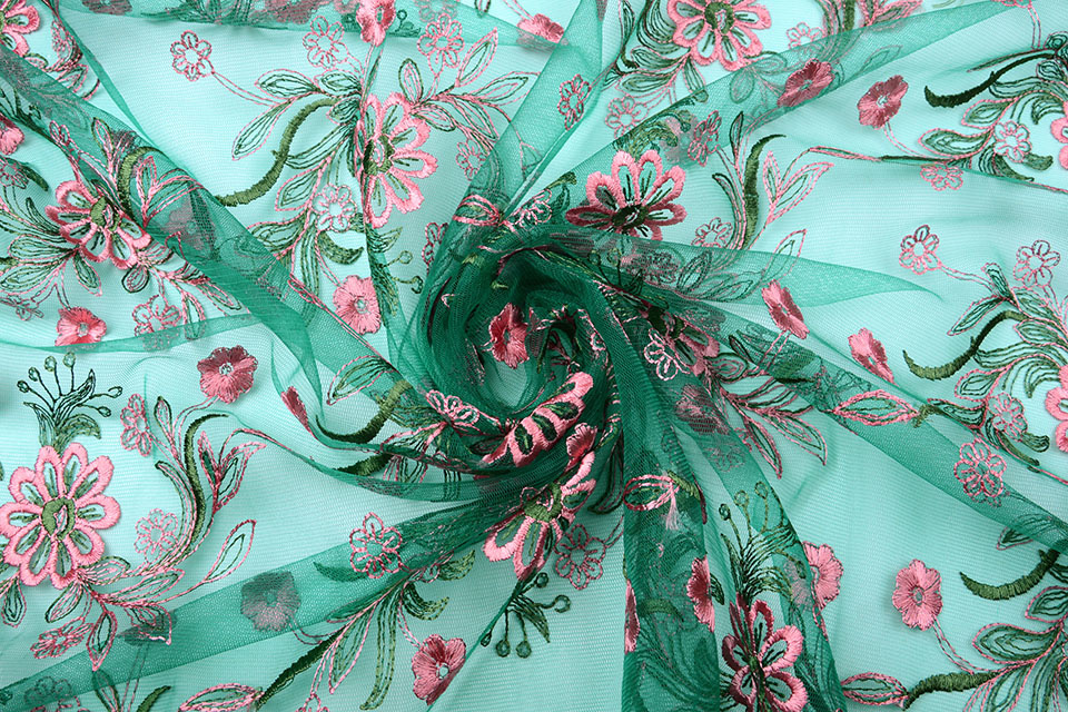 Mesh Geborduurd Fjura Groen Roze
