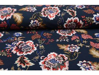Scuba Crepe Printed Library Flowers Navy Blue