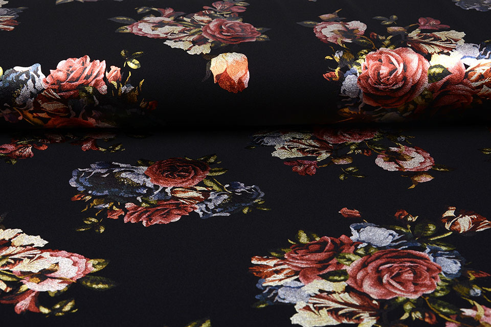 Scuba Crepe Foil Bedruckt Rosen Blau Rot