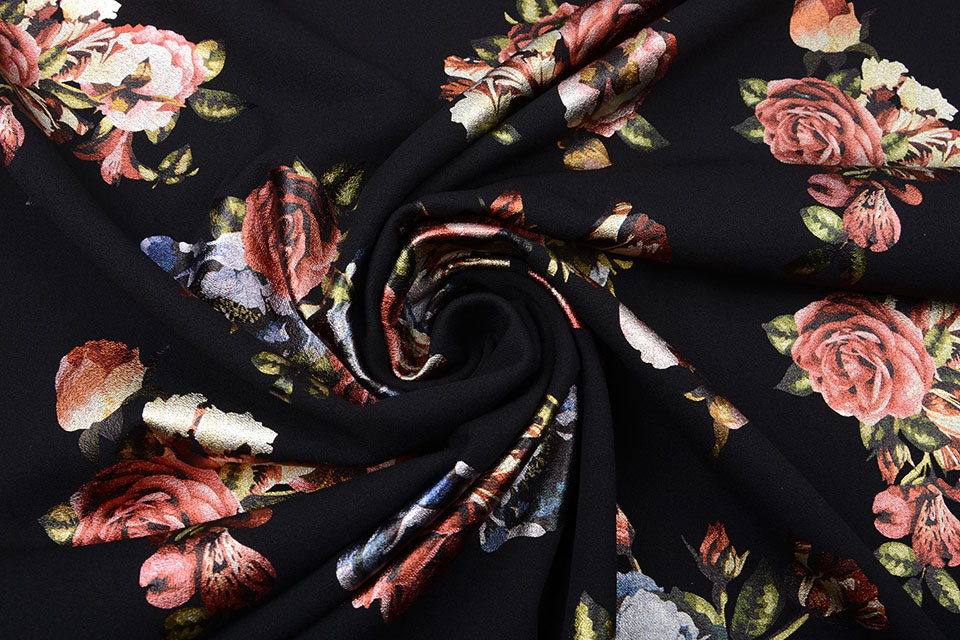 Scuba Crepe Foil Bedruckt Rosen Blau Rot