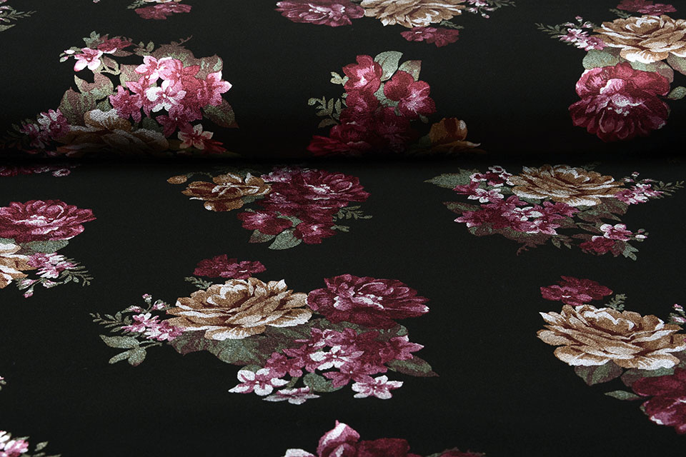 Scuba Crepe Foil Bedruckt Rosen Aubergine