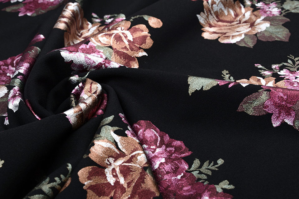 Scuba Crepe Foil Bedrukt Rozen Aubergine