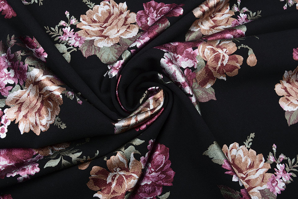 Scuba Crepe Foil Bedrukt Rozen Aubergine
