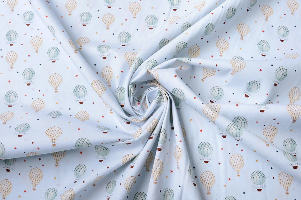 100% Digital Cotton Hot Air Balloons Blue