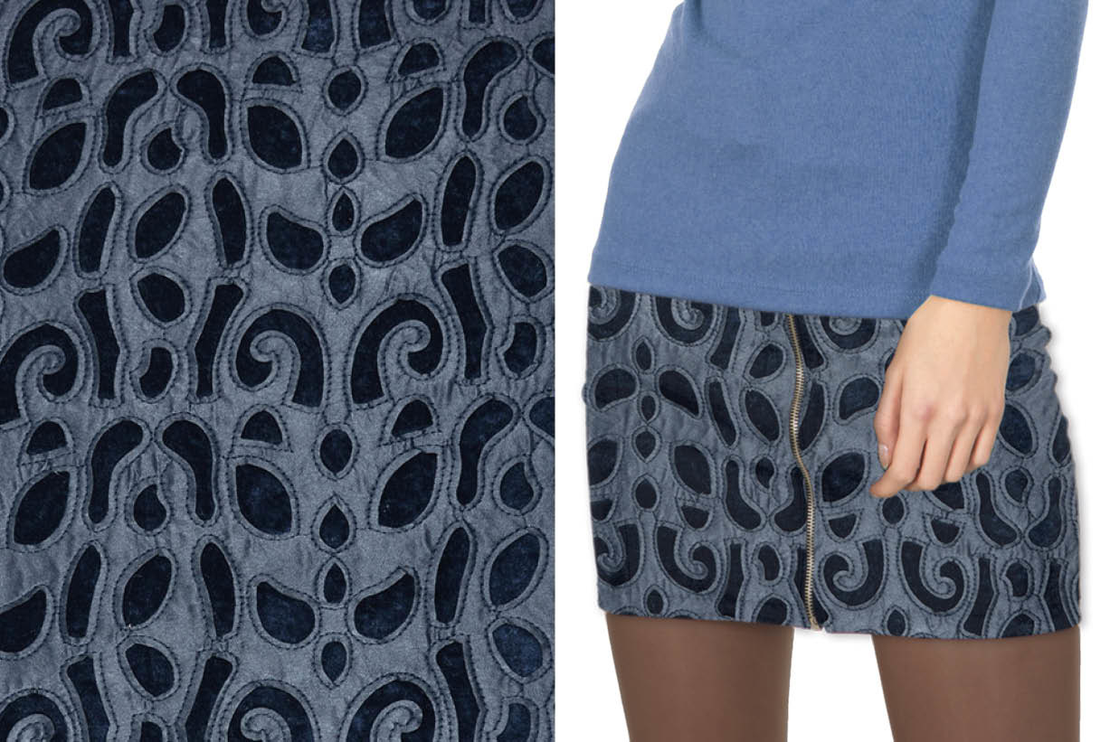Genähter Mattlack auf Velours Blau