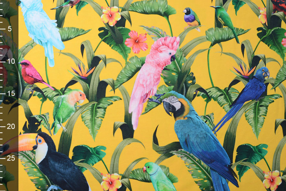 Cotton Jersey Jungle Parrots Large Yellow