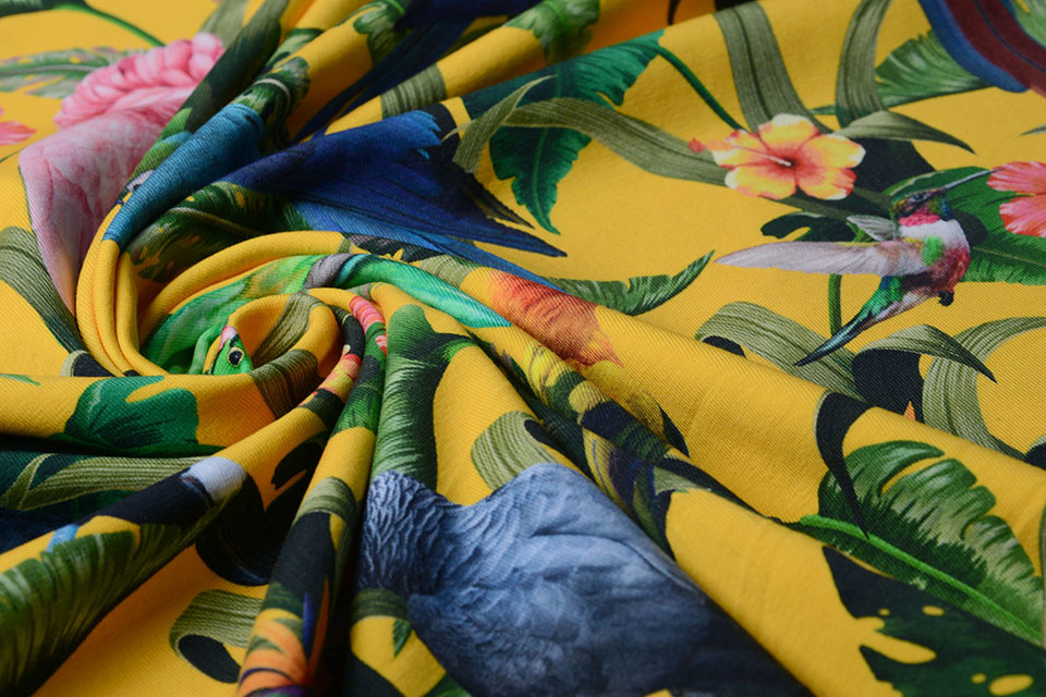 Cotton Jersey Jungle Parrots Large Yellow