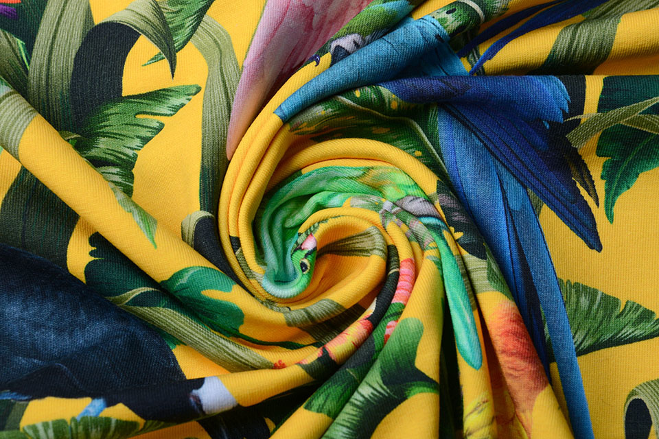 Cotton Jersey Jungle Parrots Large Yellow