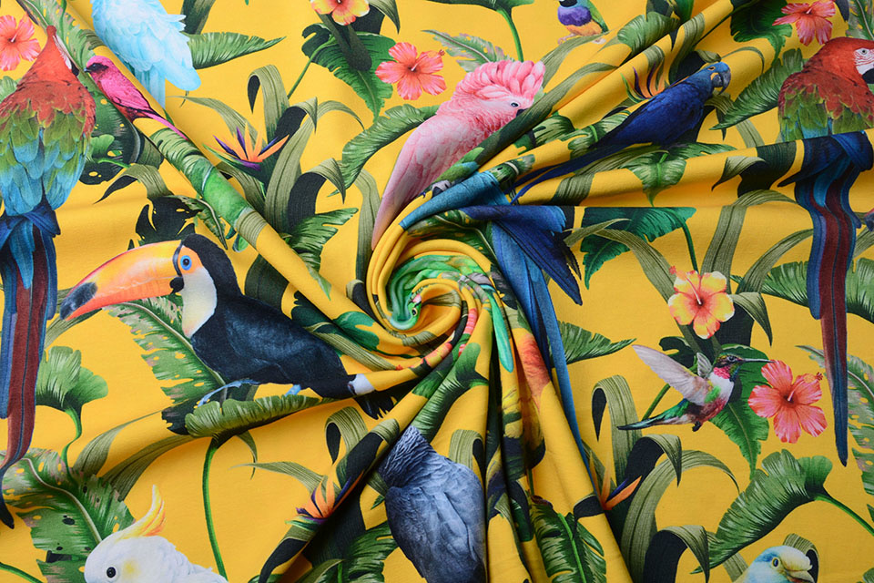 Cotton Jersey Jungle Parrots Large Yellow