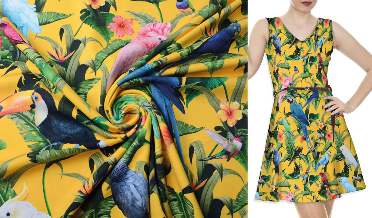 Cotton Jersey Jungle Parrots Large Yellow