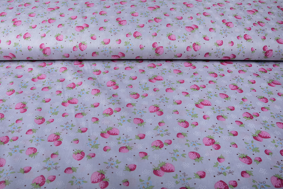 100% Cotton Strawberries Grey