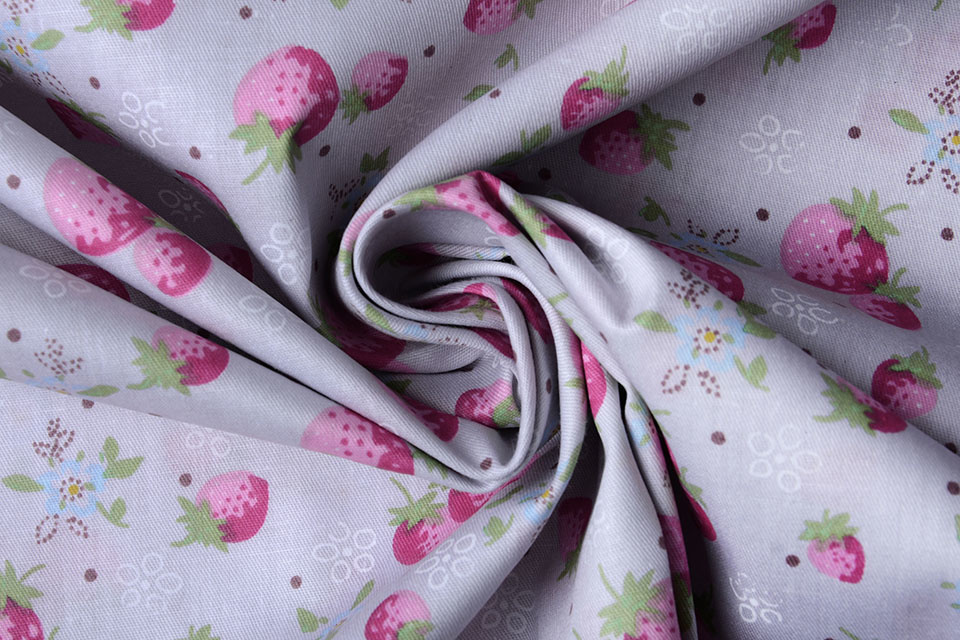 100% Cotton Strawberries Grey