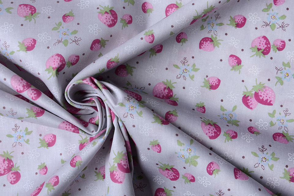 100% Cotton Strawberries Grey