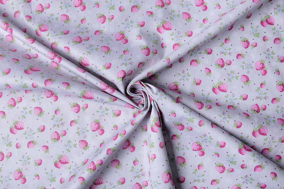 100% Cotton Strawberries Grey
