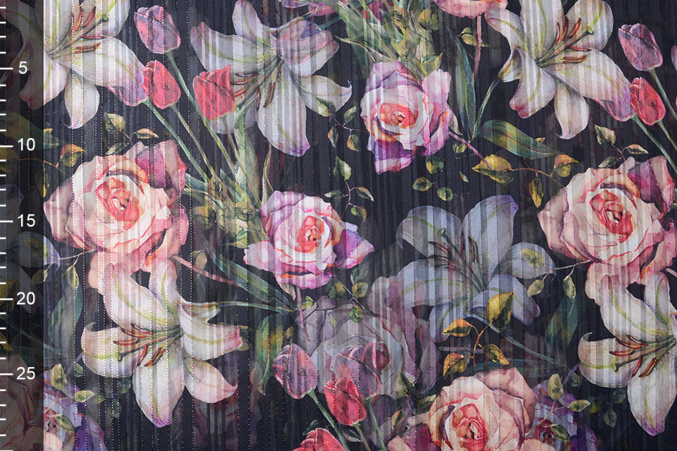 Poly Satijn Lurex Strepen Big Flowers