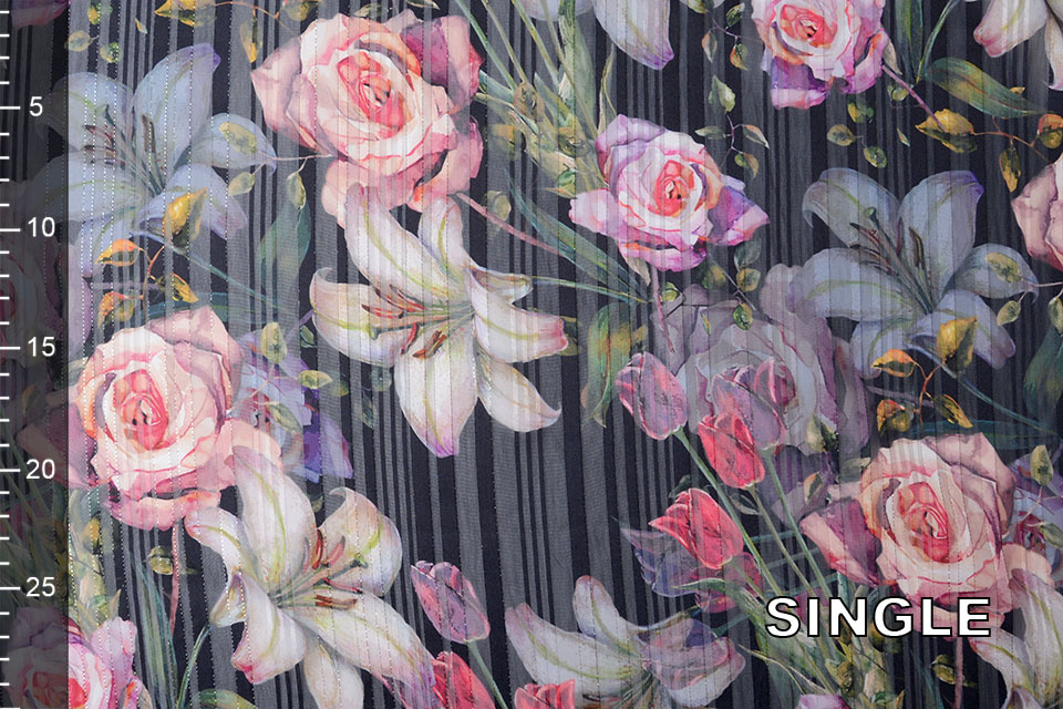 Poly Satijn Lurex Strepen Big Flowers