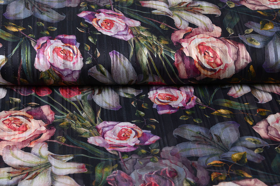 Poly Satijn Lurex Strepen Big Flowers
