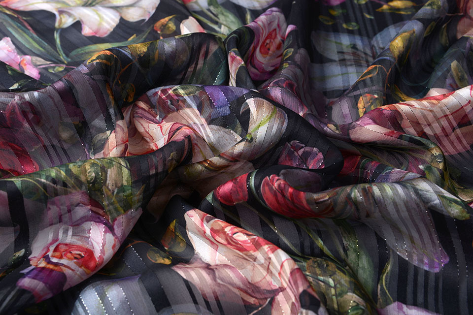 Poly Satijn Lurex Strepen Big Flowers