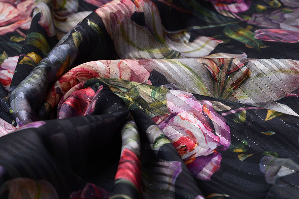 Poly Satijn Lurex Strepen Big Flowers