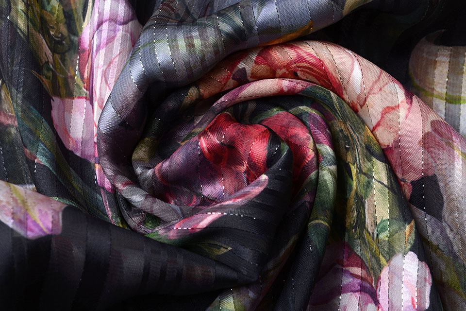 Poly Satijn Lurex Strepen Big Flowers