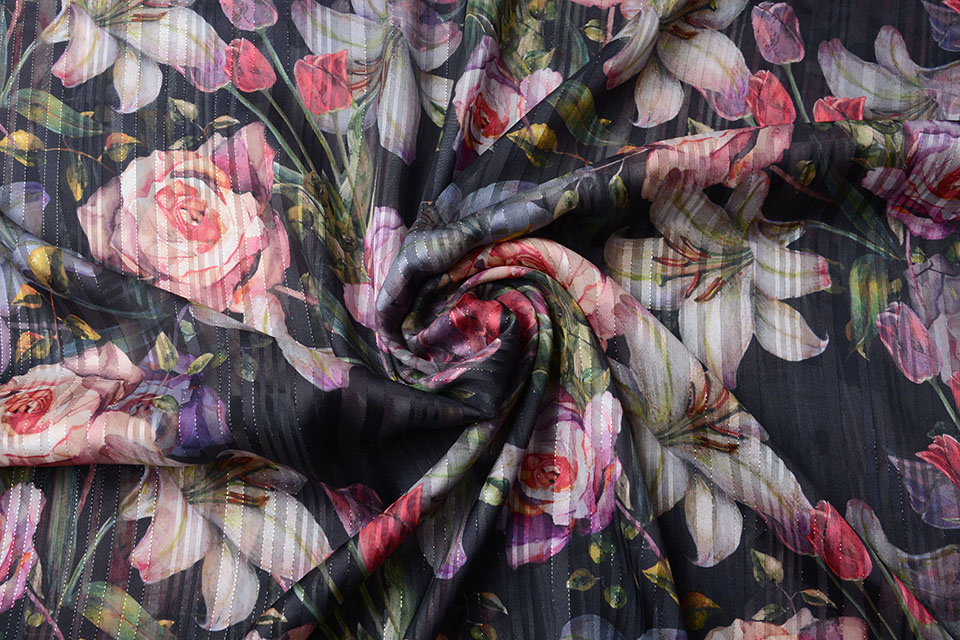 Poly Satijn Lurex Strepen Big Flowers