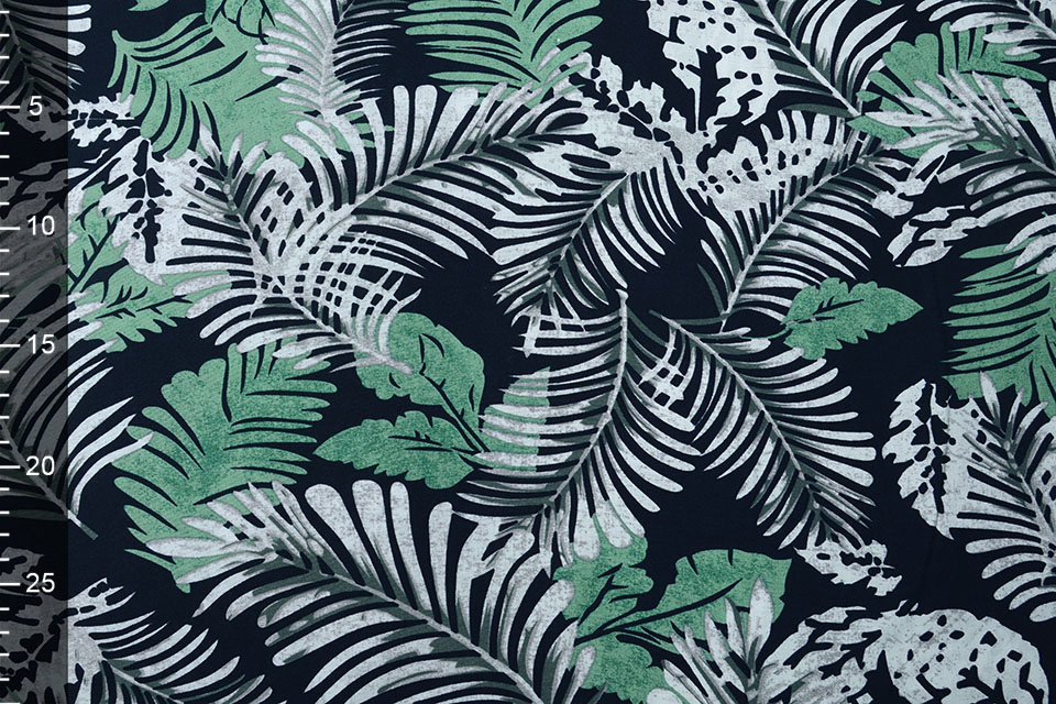 100% Viscose Jungle Bladeren Marine Blauw