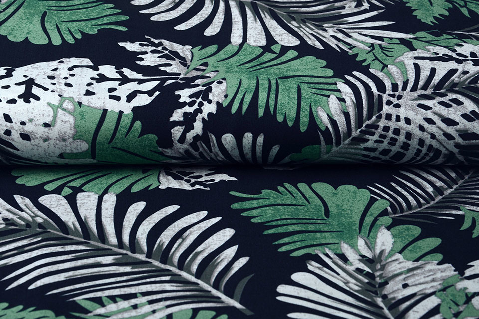 100% Viscose Jungle Bladeren Marine Blauw