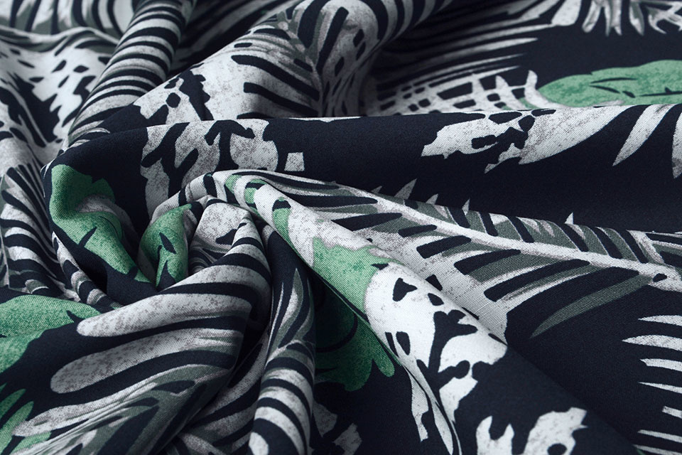 100% Viscose Jungle Bladeren Marine Blauw