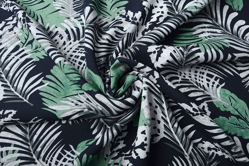100% Viscose Jungle Bladeren Marine Blauw