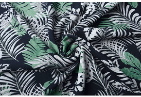 100% Viscose Jungle Leaves Navy Blue