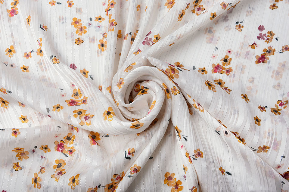 Crinkle Chiffon fabric - Lurex stripe - Off-white, silver - Dress fabric
