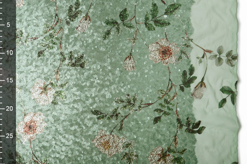 Sequins Embroidered Anemone Old Green